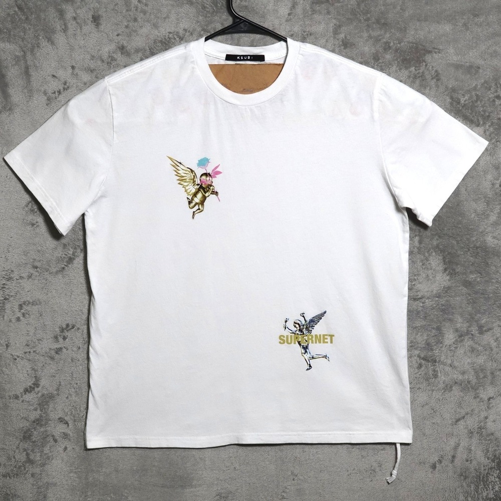 Ksubi T-Shirt Mens Large White Supernet Angel Graphic Crew Neck Tee Back Print